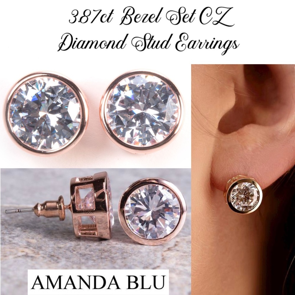 🆕 3.87ct Bezel CZ Diamond Rose Gold Stud Earrings